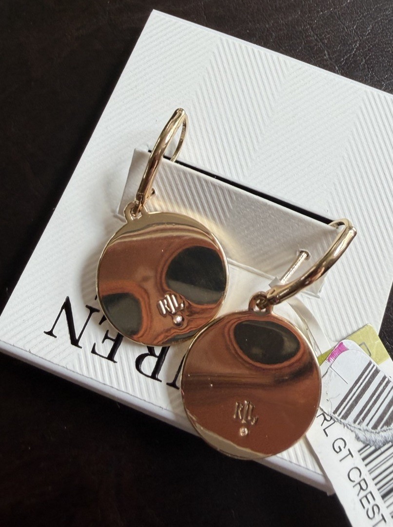 Lauren Ralph Lauren Women’s Drop Earrings Crest Logo Gold Tone New