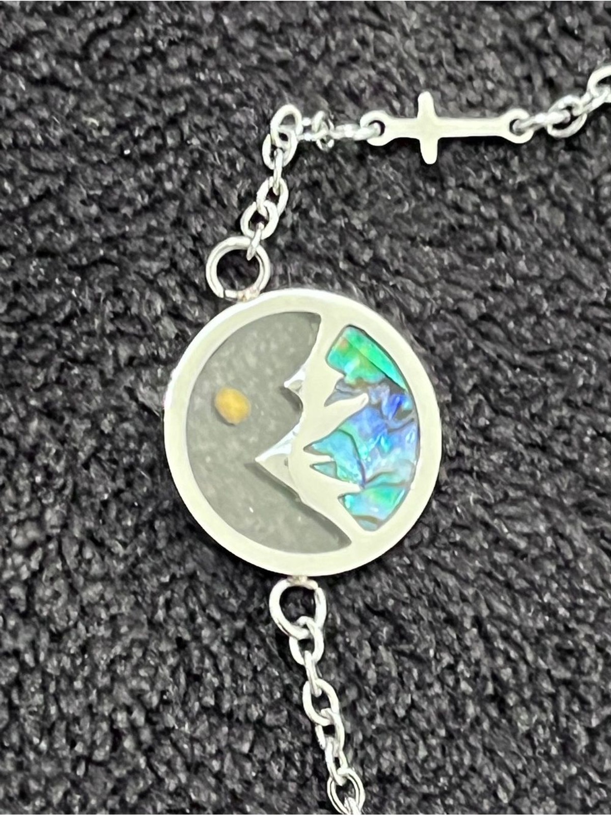 Stainless Steel Mountain Abalone Shell Mustard Seed Faith Bracelet Cross 9″