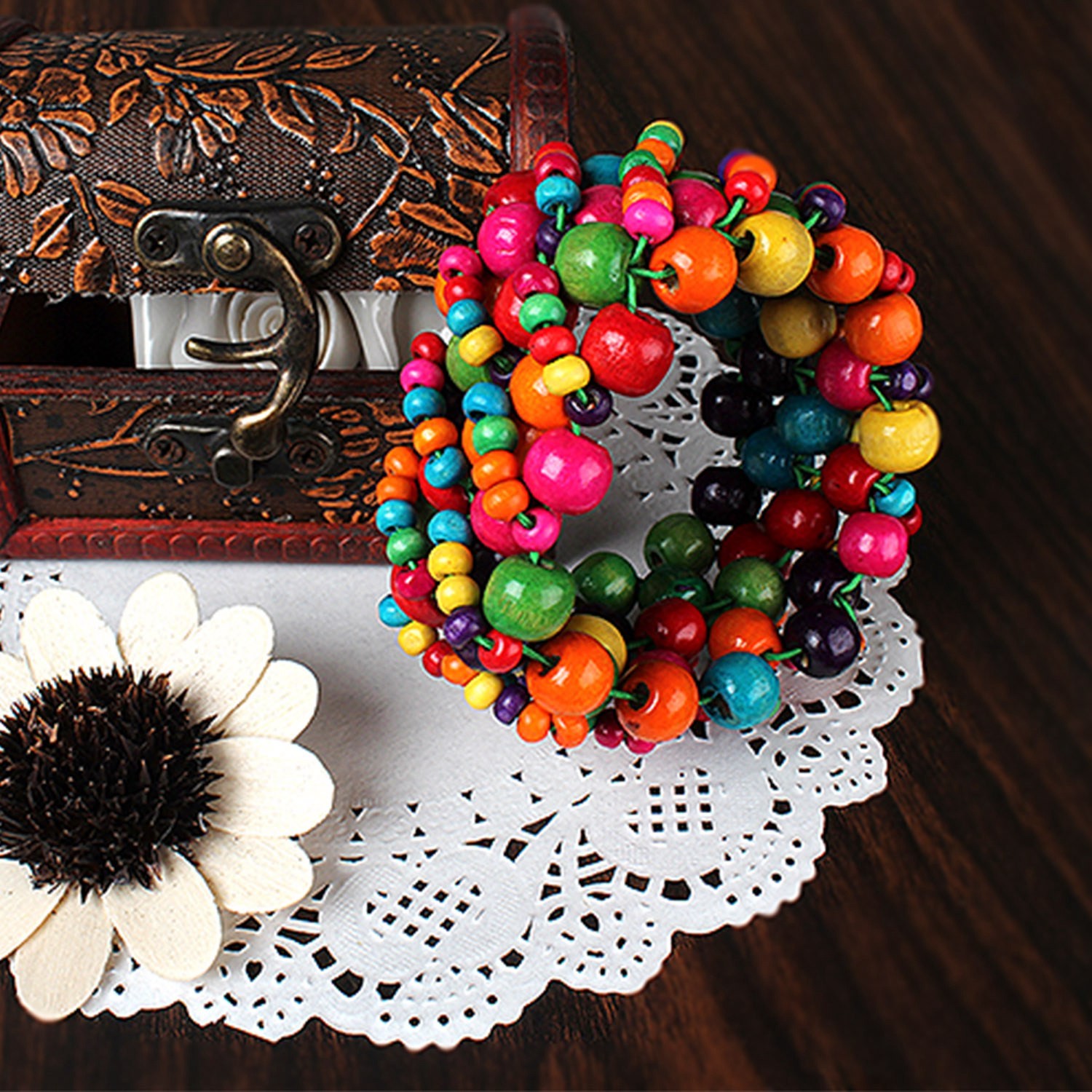 Multicolor Wood Beaded Stretch Bracelet – Colorful Boho Elastic Jewelry for Wome