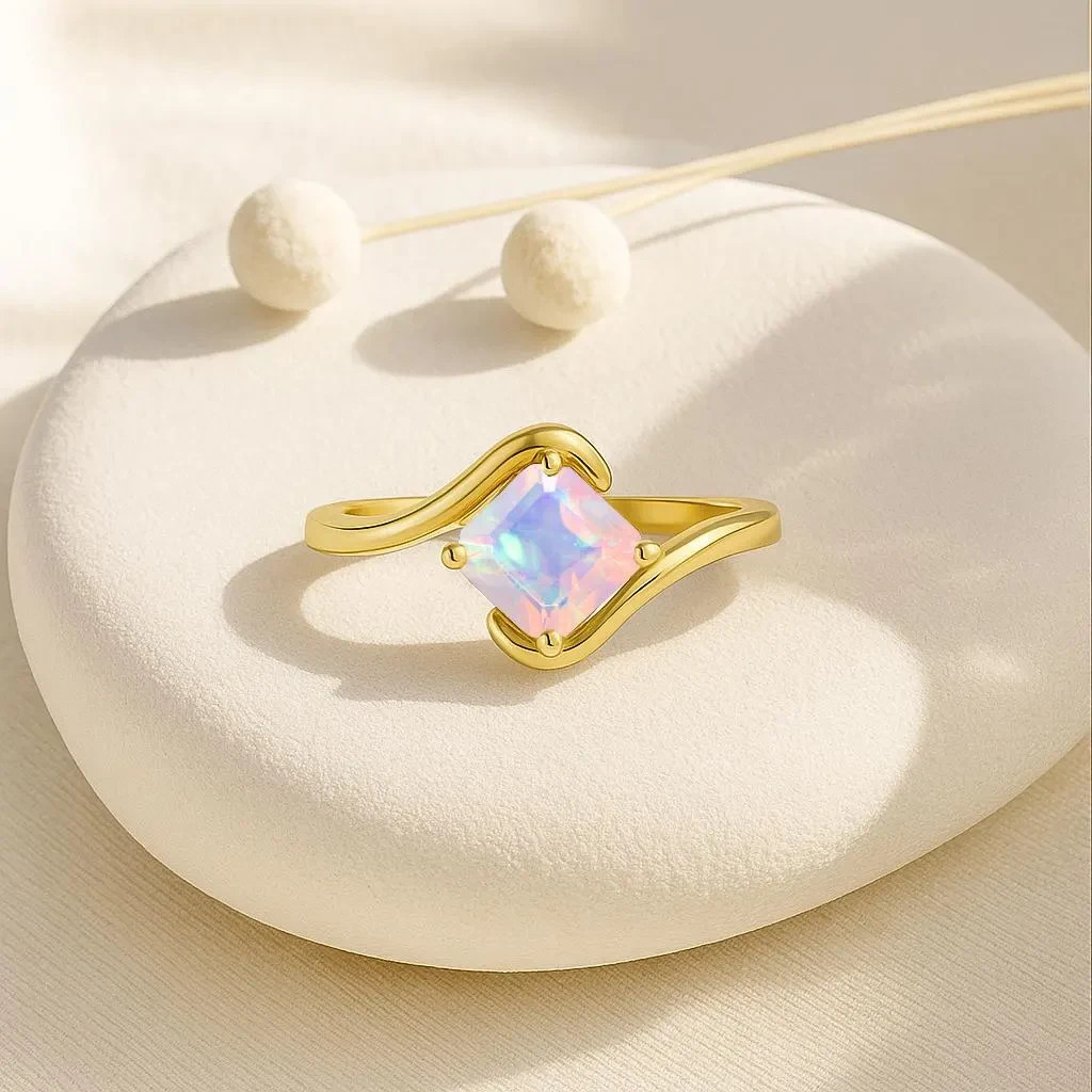 AAA White Fire Opal Gemstone Statement Ring, Genuine Opal Gemstone Gold Ring