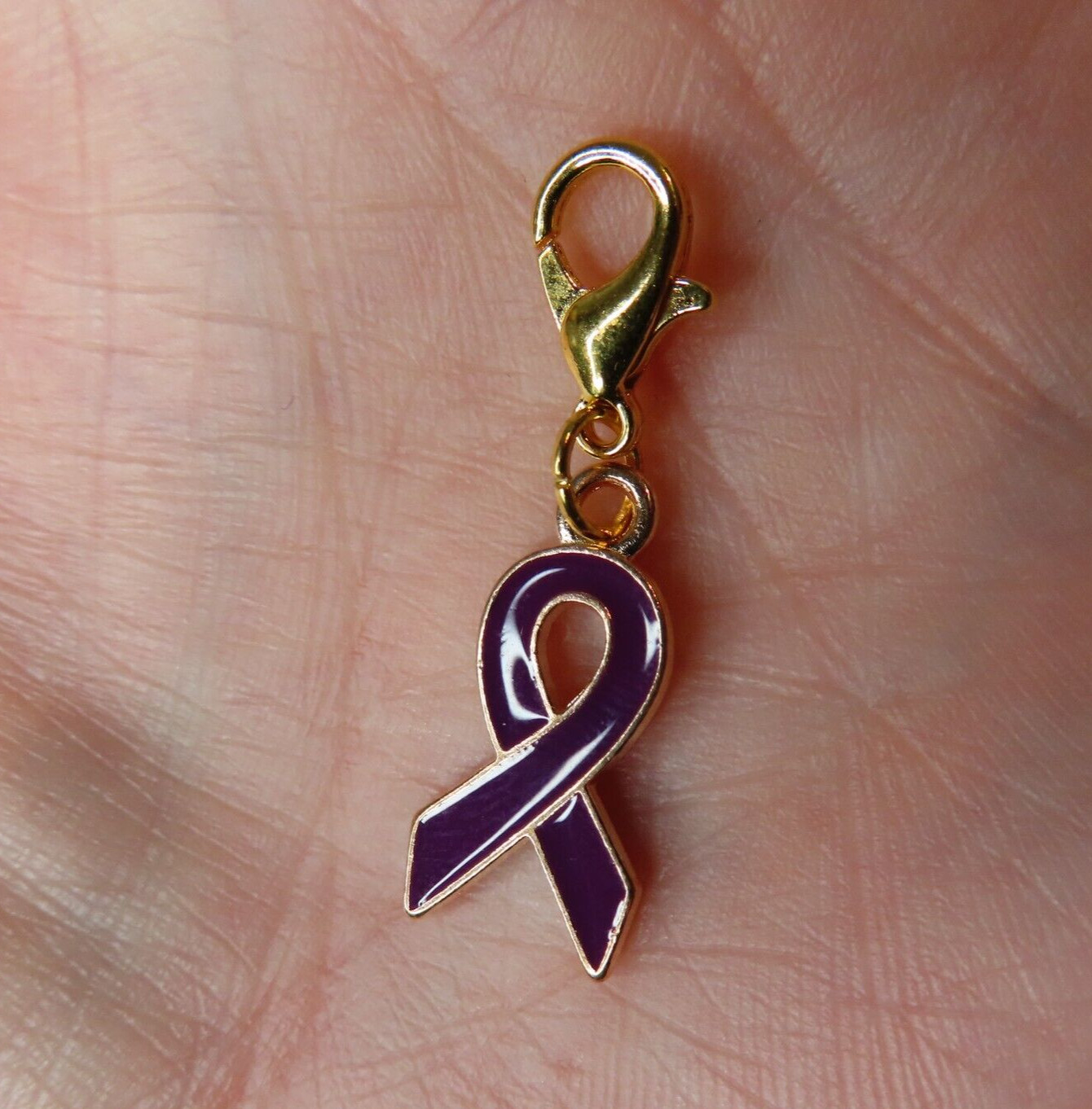 PURPLE RIBBON Alzheimers Awareness Charm Zipper Pull Keychain Add On Clip Dangle