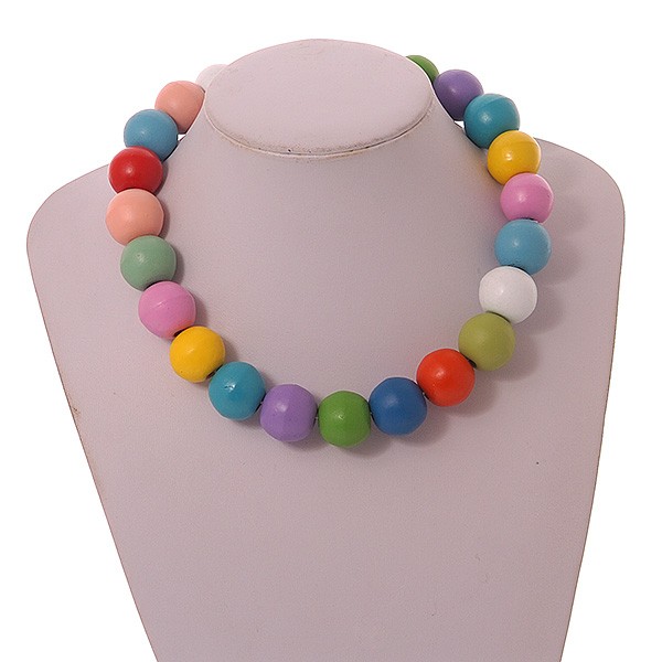 Chunky Multicoloured Round Bead Wood Flex Necklace – 44cm Long/ 20mm Diameter