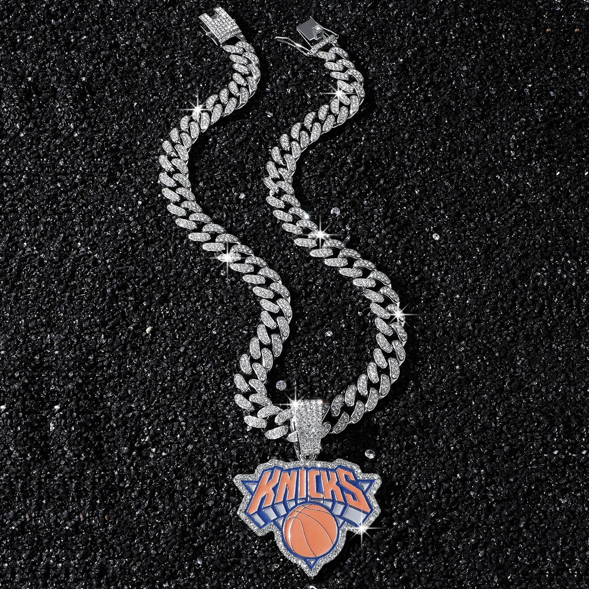 NY New York Knicks Large Charm Pendant Iced Cuban Chain Necklace