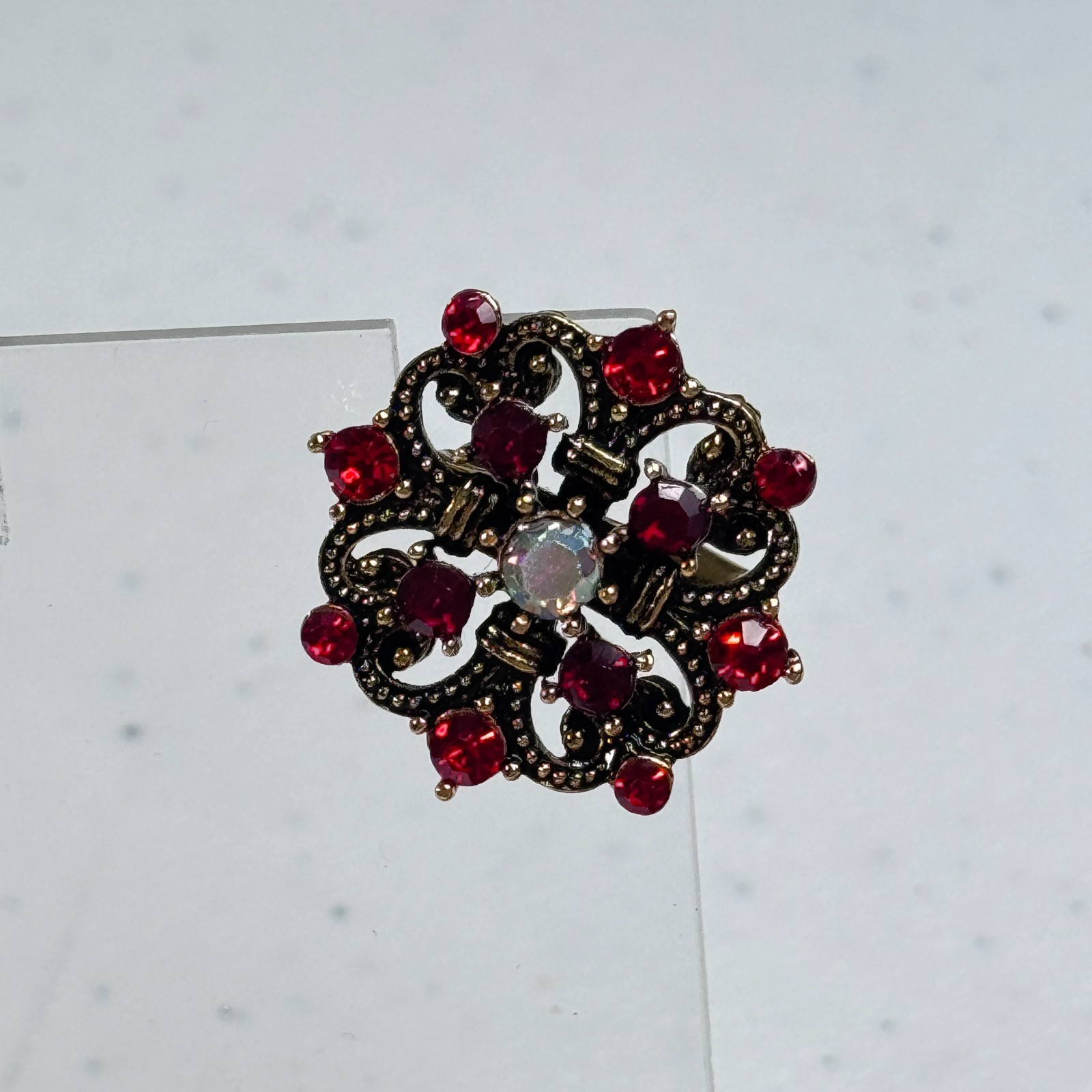 Brooch Red Rhinestone Aurora Borealis Floral Gold Tone Layered Flower 1576-13