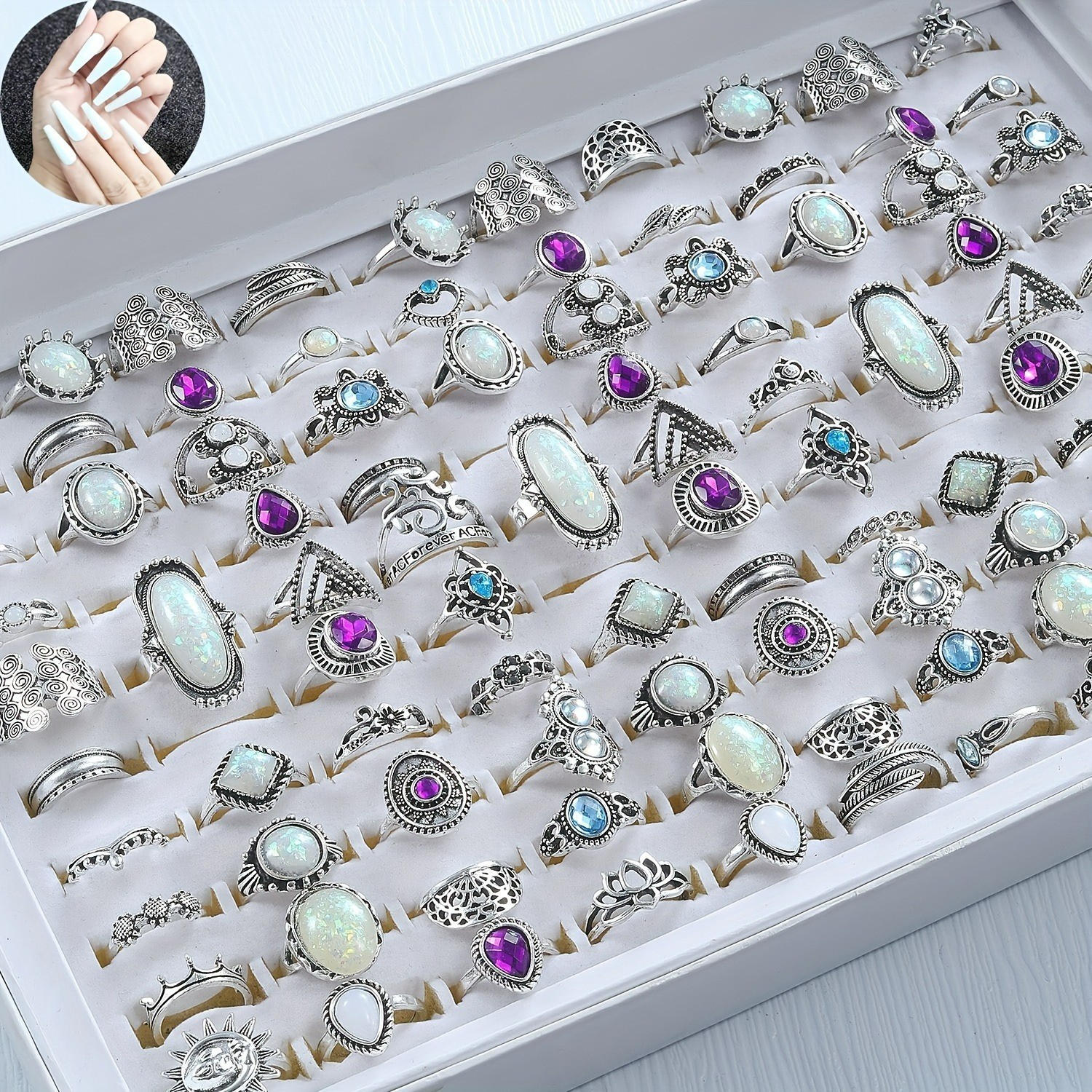 30pcs/set Boho Vintage Rings + 24pcs Nail Tips Set with Large Rhinestone Gifts