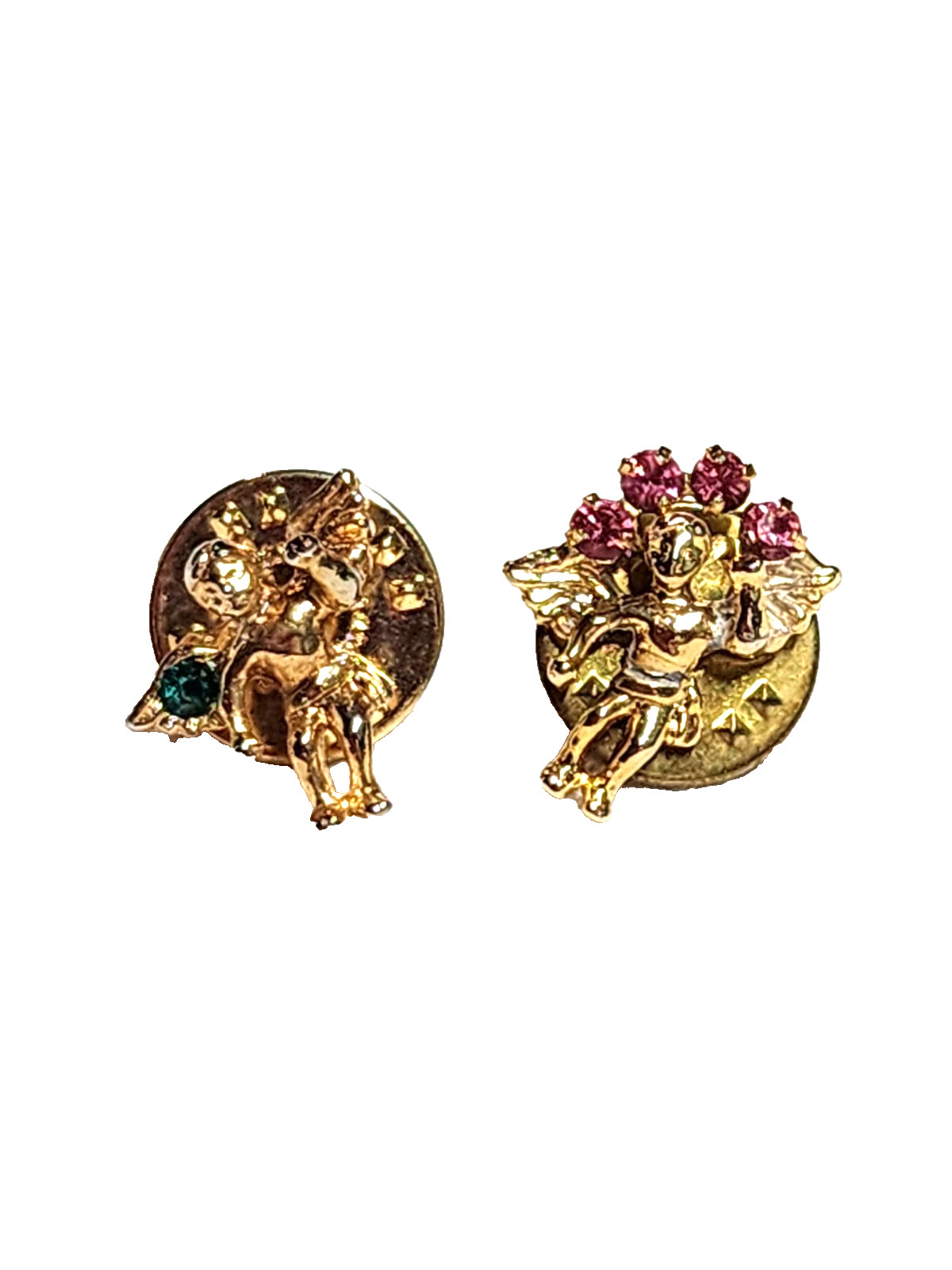 Lot Of 2 Vintage Guardian Angel Cherub Pins Pink & Green Rhinestones Gold Tone