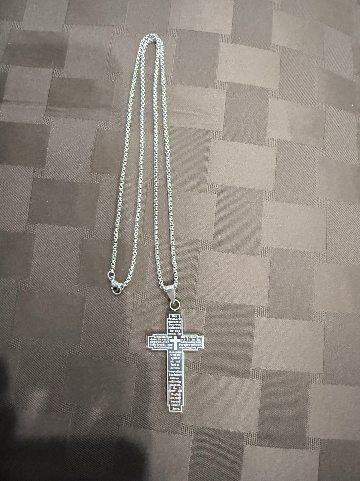 Silver Tone Lord’s Prayer Cross Pendant Necklace – 23.5″ Rope Chain, 25g