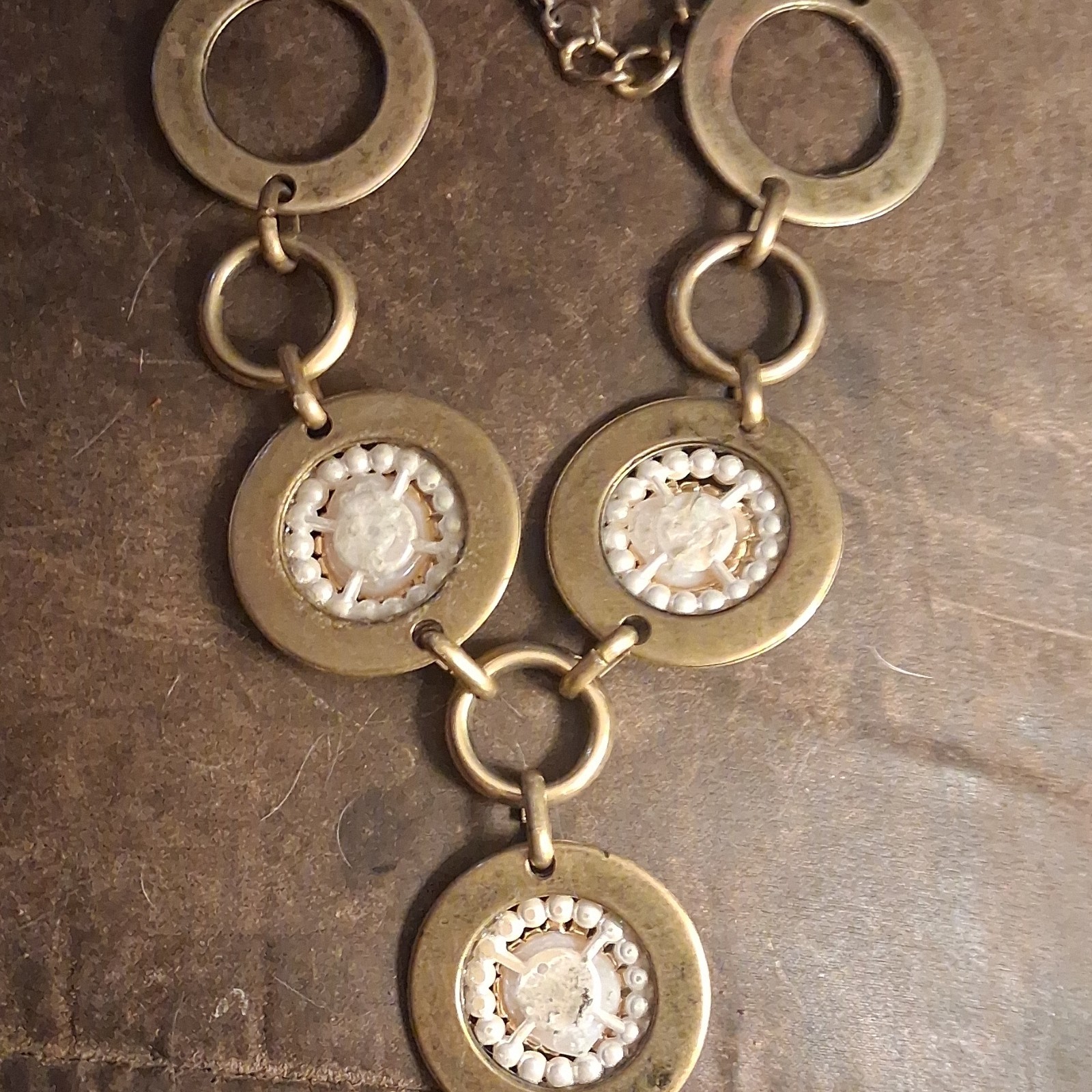 Gold Tone Link Chain Statement Necklace Round Medallions Clear Rhinestone Pearl