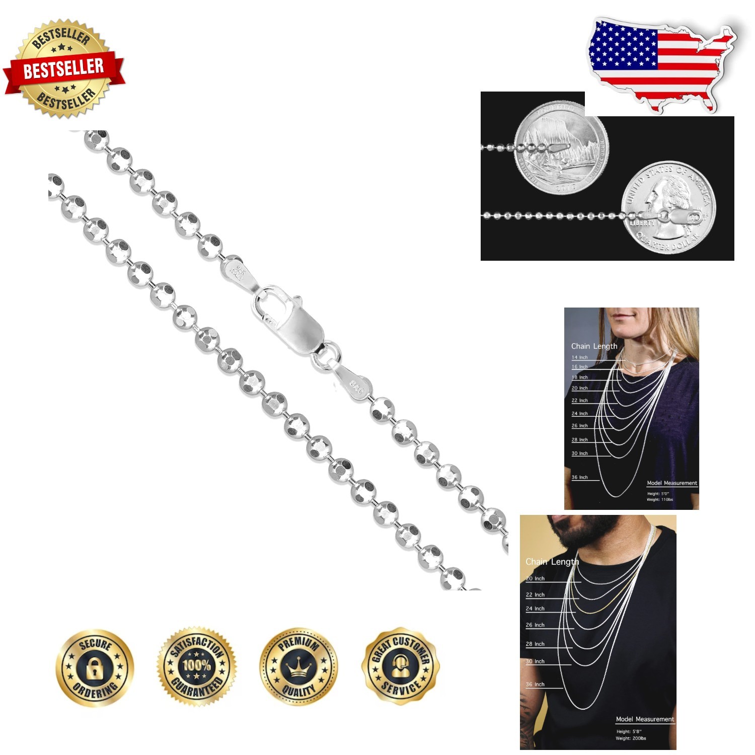 Stunning Sterling Silver 2.2mm Diamond-Cut Ball Chain Necklace, Made in Italy