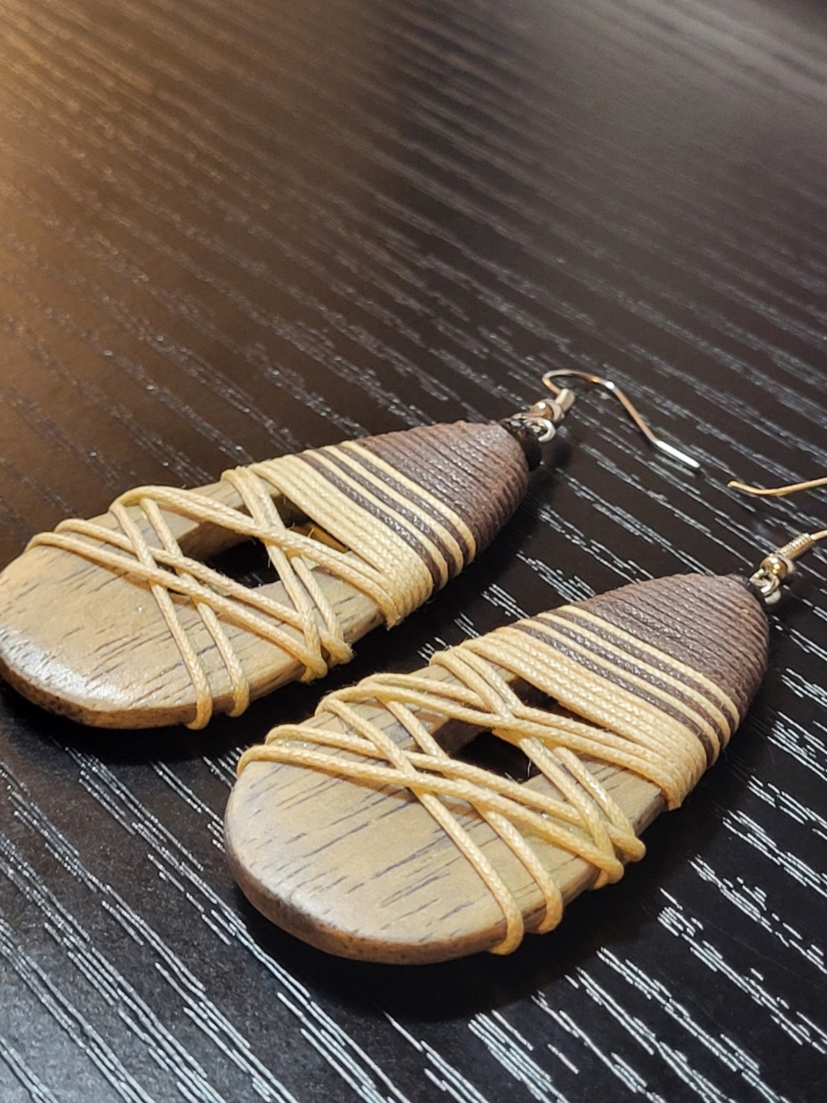 Tribal Tear Drop Dangle 3 inch Earrings Wood Wrap Brown Tan Women’s Jewelry Boho