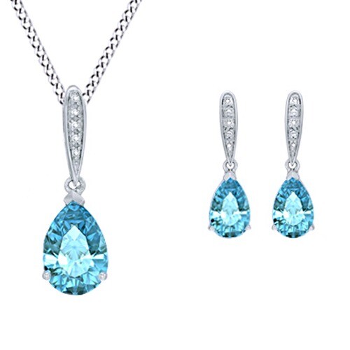 Blue Topaz & Diamond Drop Pendant Necklace Earrings Set 14K White Gold Plated