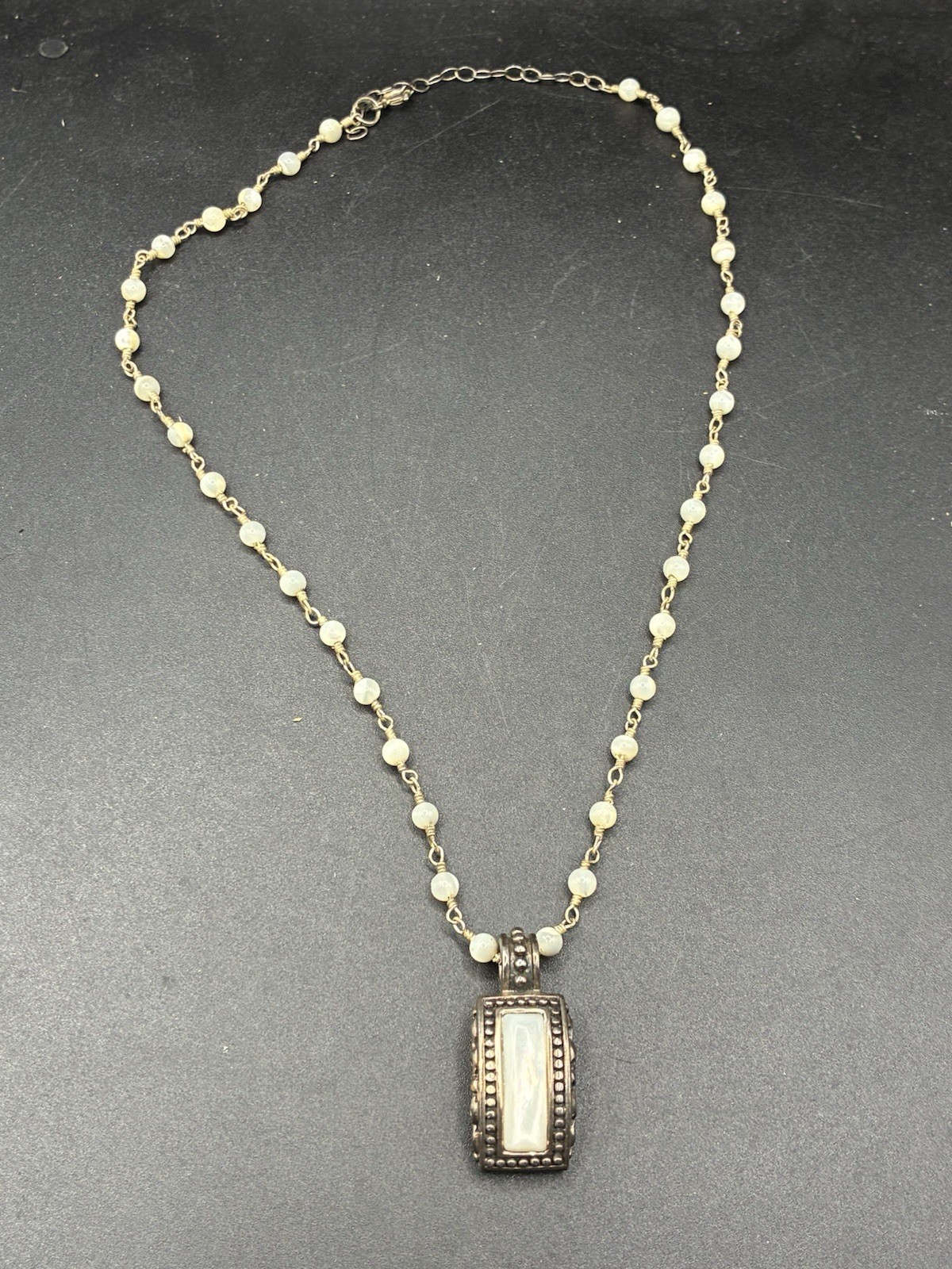Sterling Silver 925 Beaded Rectangle White Stone Pendant Necklace Cable Chain