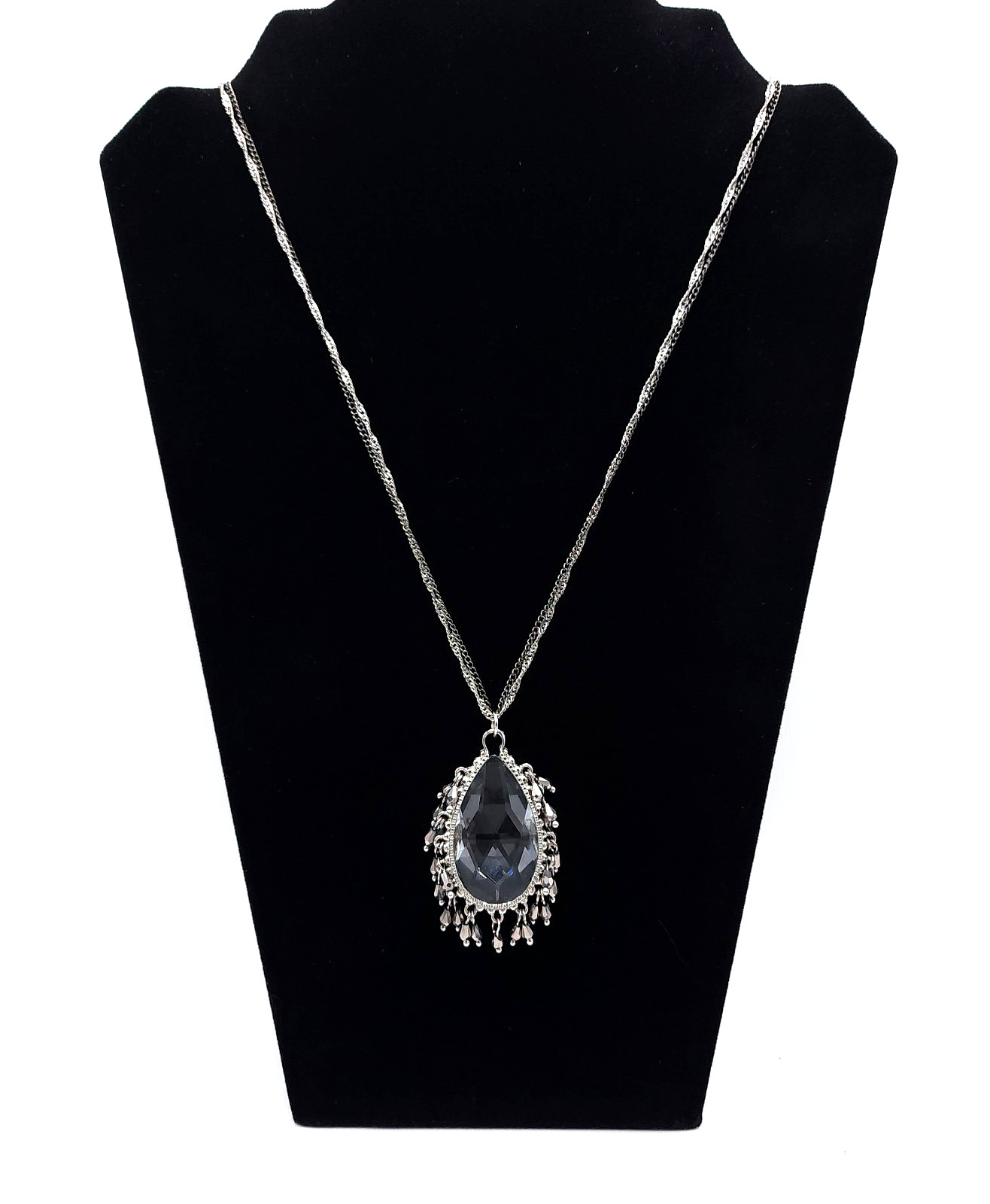 Silver Tone Crystal Teardrop Pendant Necklace Double Strand Adjustable 32-35in