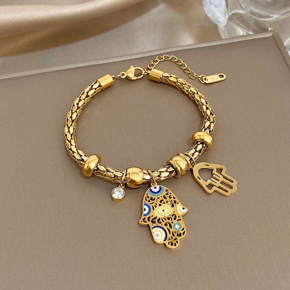 18K Gold Blue Evil Eye Bracelet Stainless Steel Rhinestone Charm Bangle Women