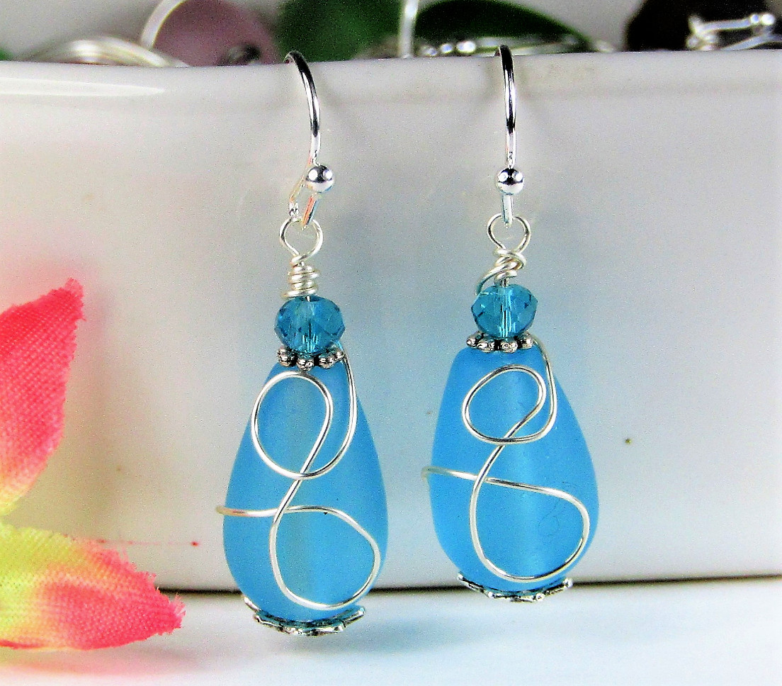 Teardrop-Shaped Frosted Sea Glass Dangle Earrings, Beach Fashion, Sea Jewelry