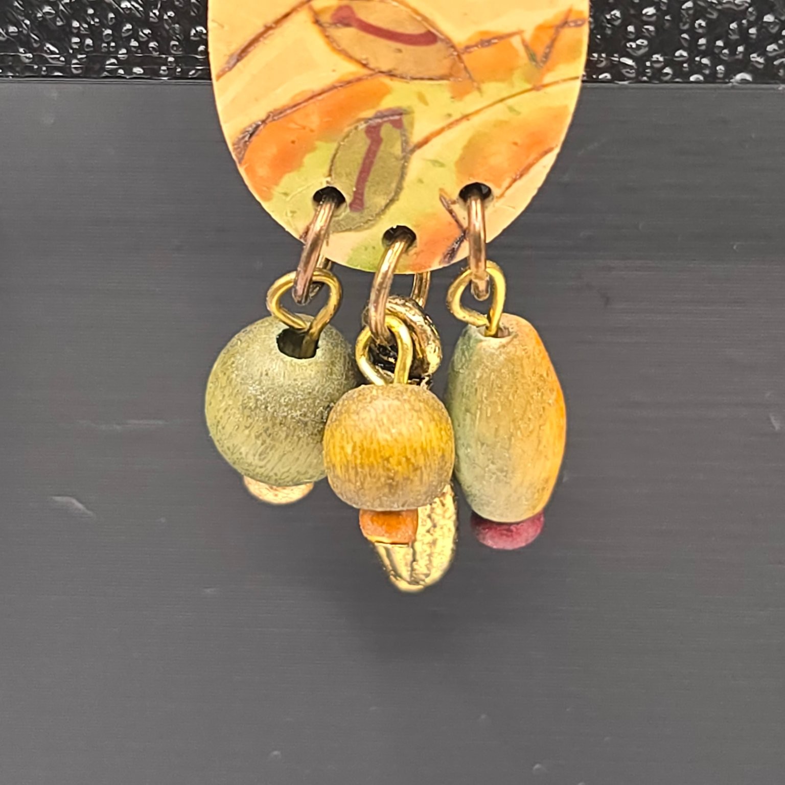 Handcrafted Boho Dangle Drop Earrings Wood Beads Gold Tone Charms 1 5/8 in