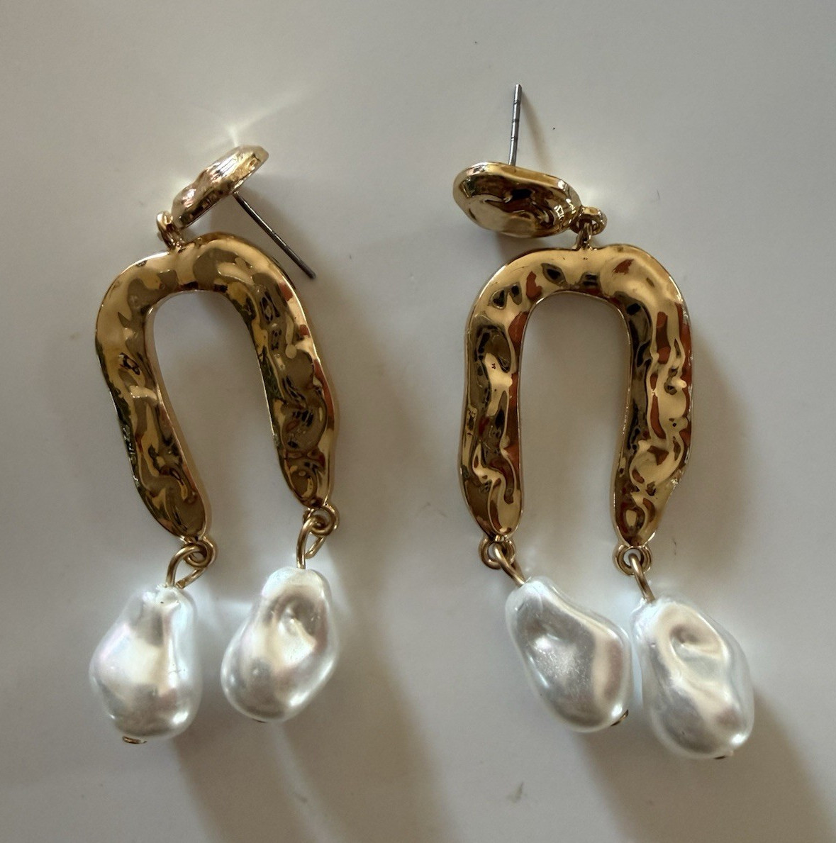 Gold-Tone Hammered Arch Statement Earrings with Faux Baroque Pearl Drops