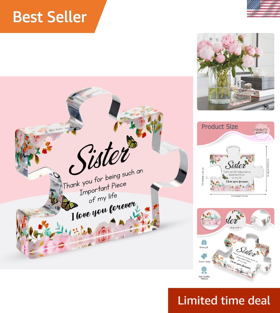 Polished Acrylic Sister Puzzle Piece with Heartfelt Message – Ideal Gift