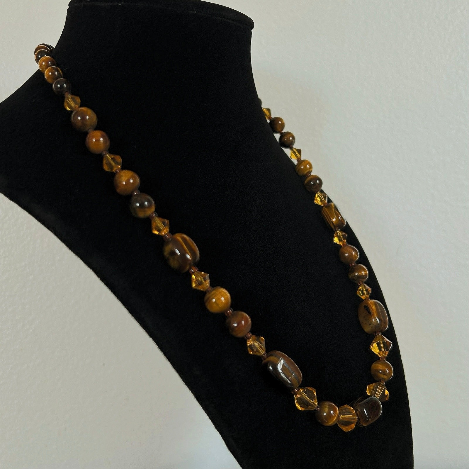 Handmade Tigers Eye + Orange Glass Necklace 18.5in w/ 2in Heart Extender