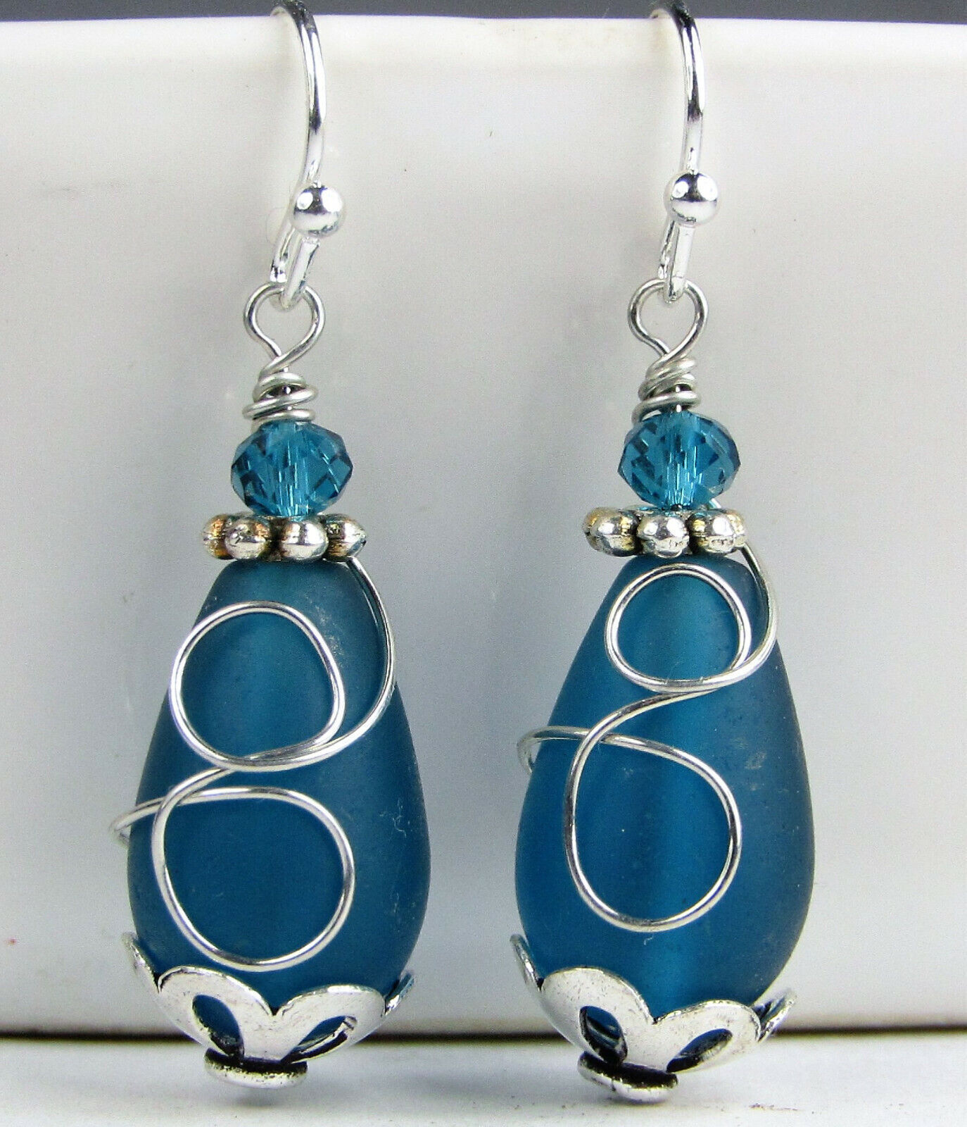 Teardrop-Shaped Frosted Sea Glass Dangle Earrings, Beach Fashion, Sea Jewelry
