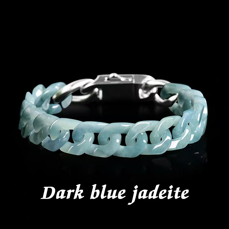 Real Grade A 100% Natural Blue Jade Jadeite Cuban Curb Link Bracelet 5.9-8.3inch