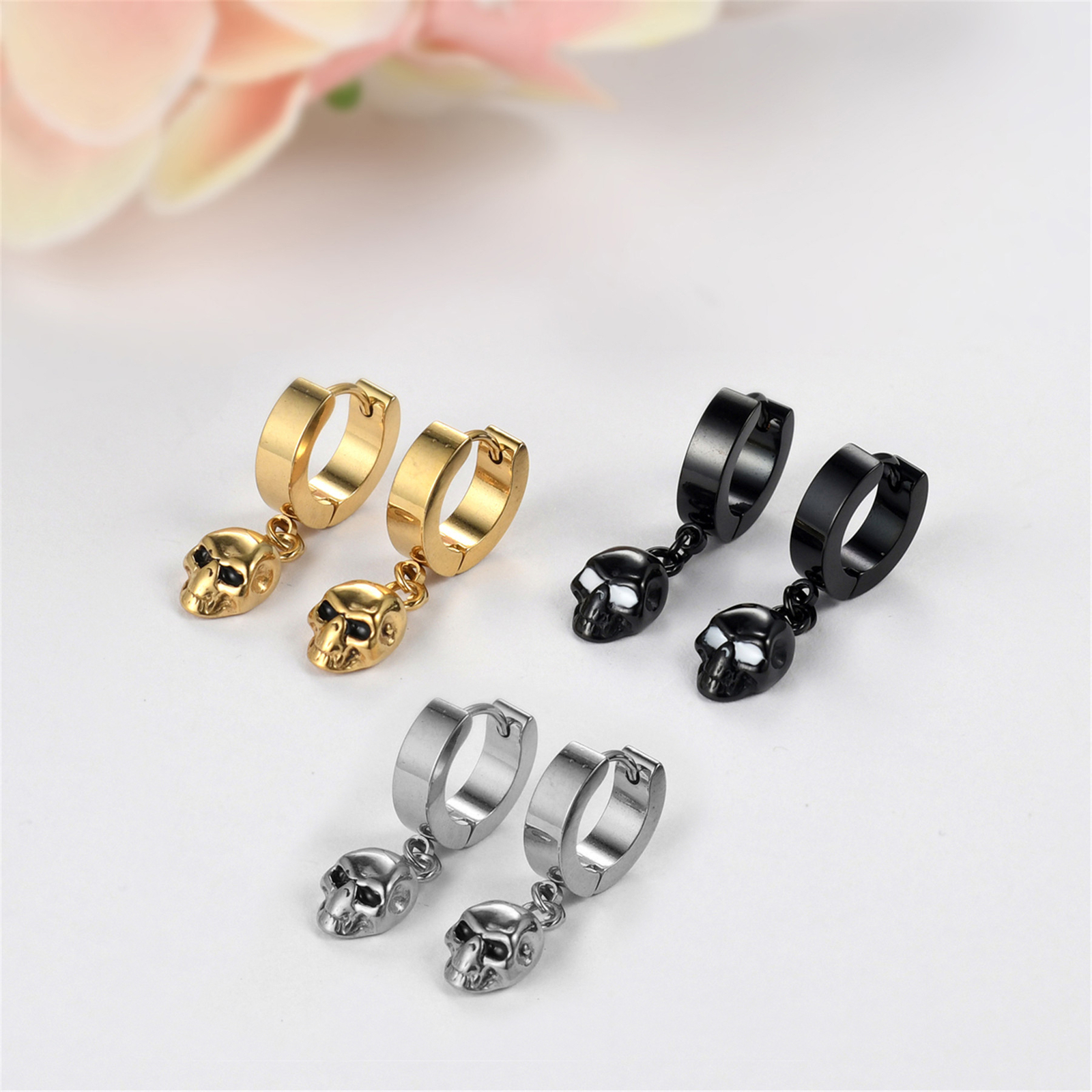 2pcs Punk Hip Hop Stainless Steel Skull Drop Dangle Unisex Huggie Hoop Earrings