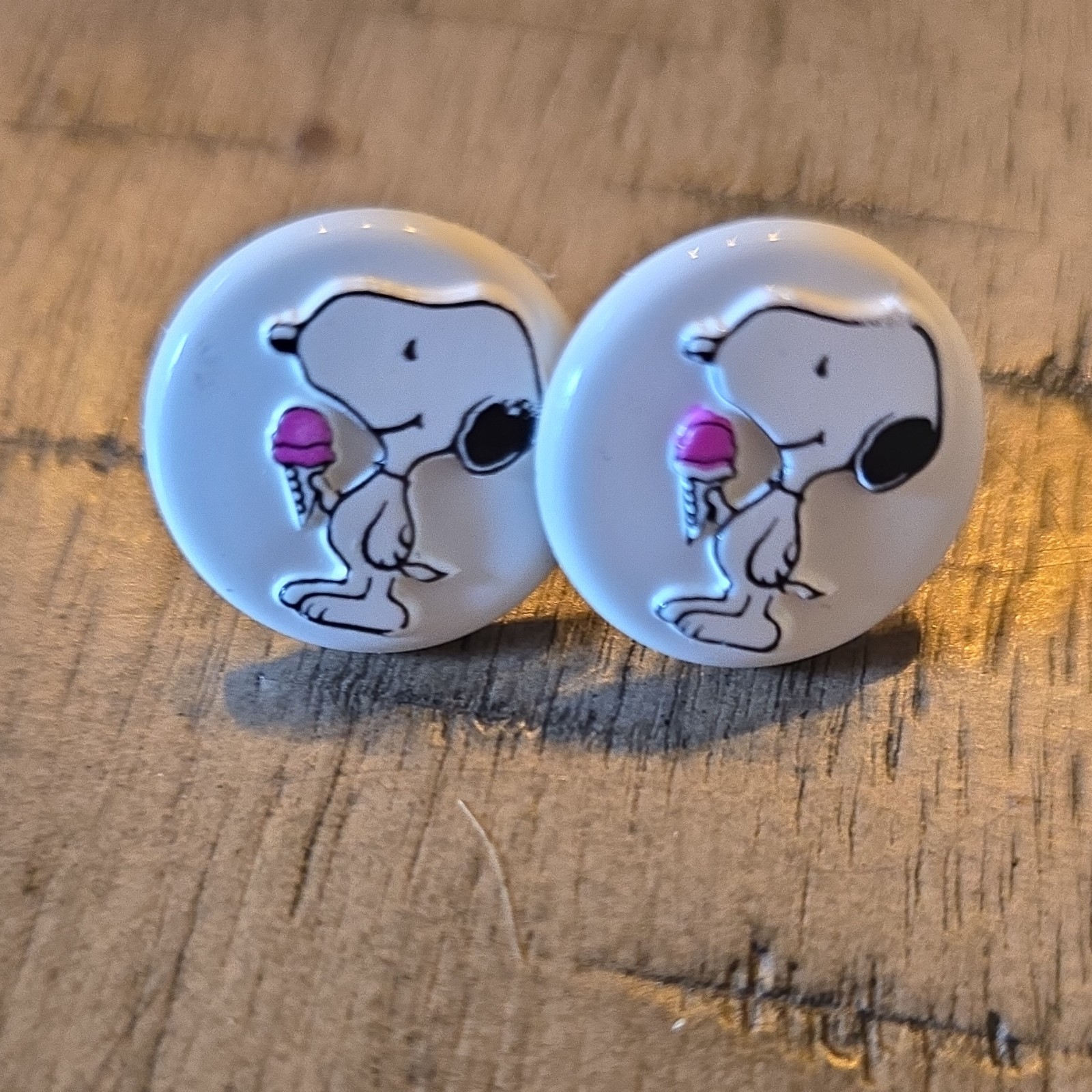 Snoopy Ice Cream Stud Earrings White Round Plastic Nickel-Free 0.75inUFS 1958