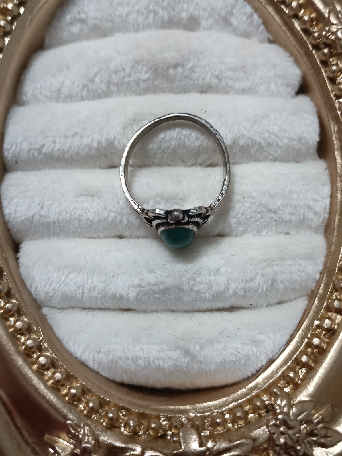 oldstock Silver Tone Band Ring Oval Green Cabochon Bezel Set, Size 5 1 Gemstone