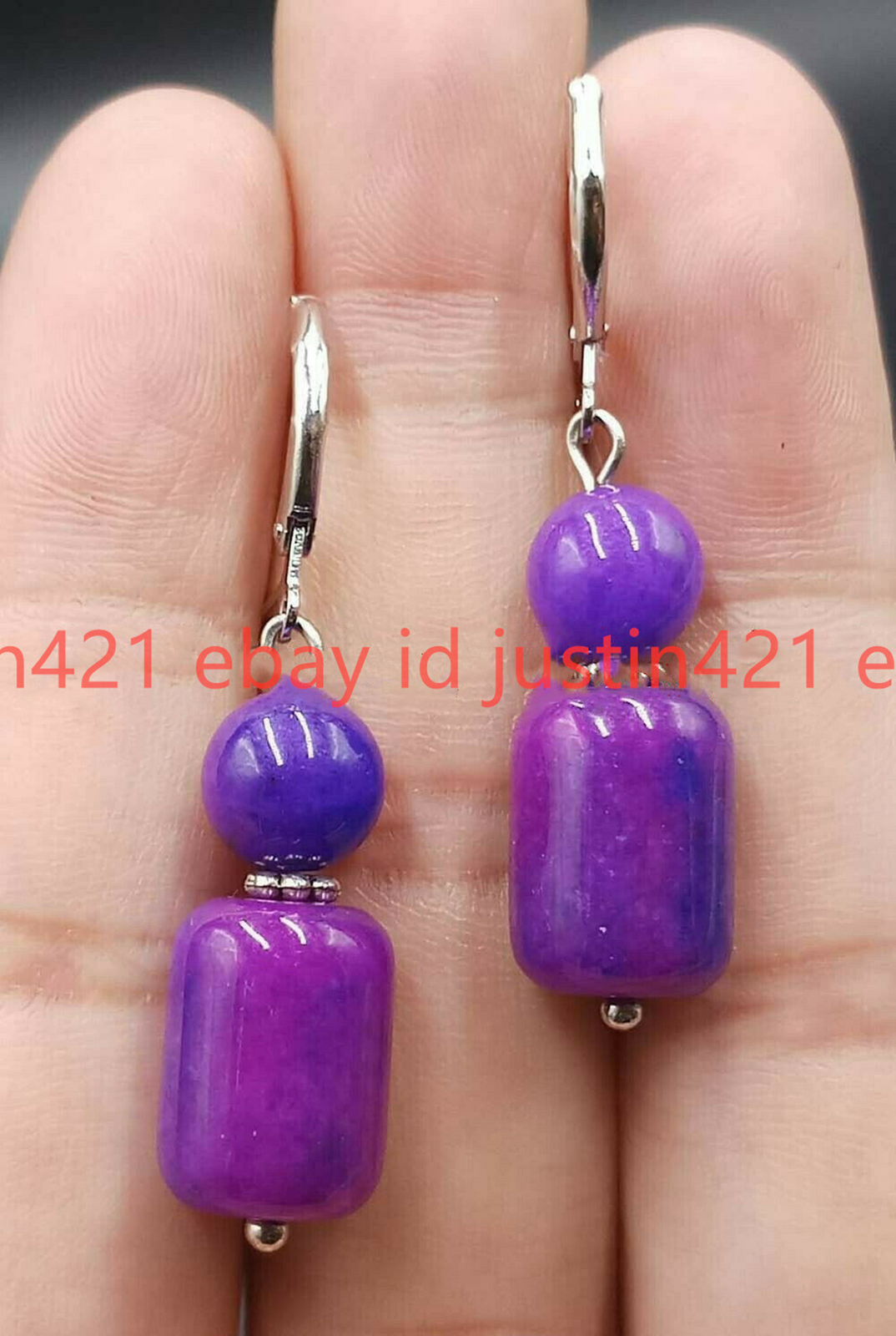 Natural 10x14mm & 10mm Purple Sugilite Gemstone Beads Silver Hook Earrings