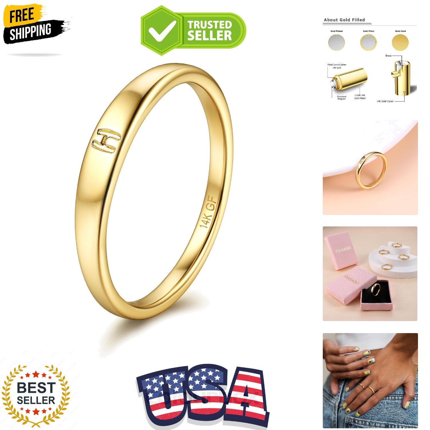Gold Filled Initial Rings for Women 14K Gold Signet Rings Dainty Gold Ring Ta…