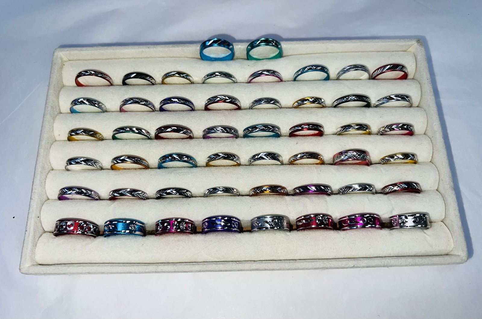 Bundle of 50 ALUMINIUM Silver Carved Different Coloured RINGS Mixed Sizes