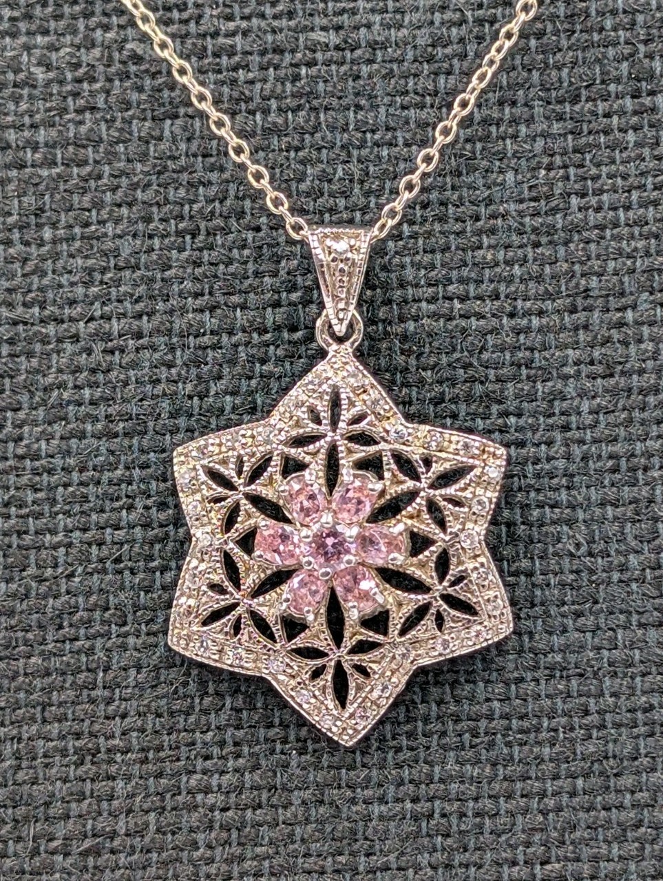Sterling Silver Pink White CZ Flower Star Of David Pendant 16.25″ Cable Necklace