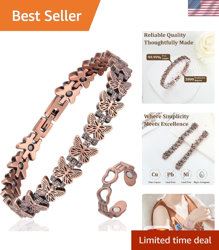 Stylish 99.99% Pure Copper Butterfly Bracelet with Matching Ring, Gift-Ready