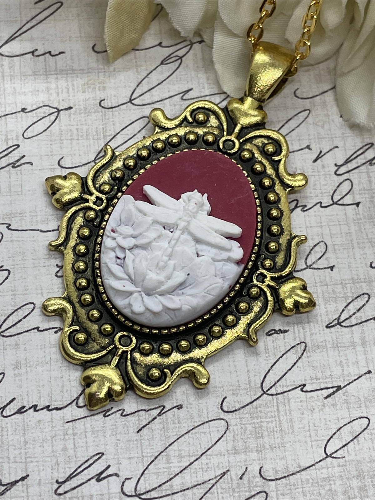 Dragonfly Anniversary Gold Cameo Easter Mother’s Day Birthday wedding Jewelry