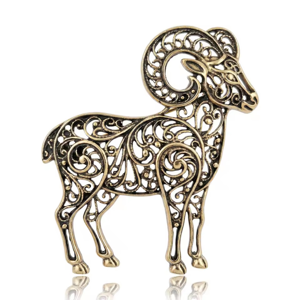 Vintage Filigree Ram Brooch Pin Gold Tone Zodiac Aries Sheep Animal Jewelry Gift