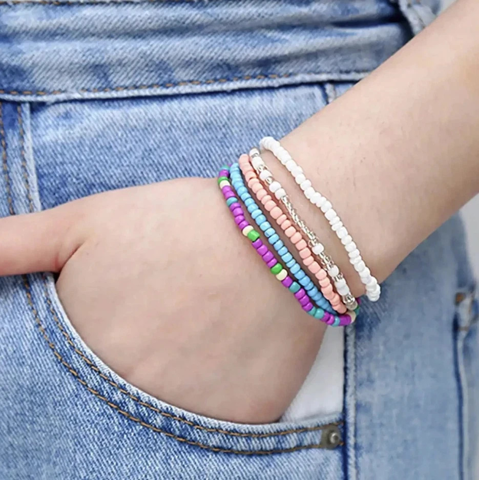 17pcs Beaded Bracelet Set Colorful Elastic Stackable Beach Bracelets