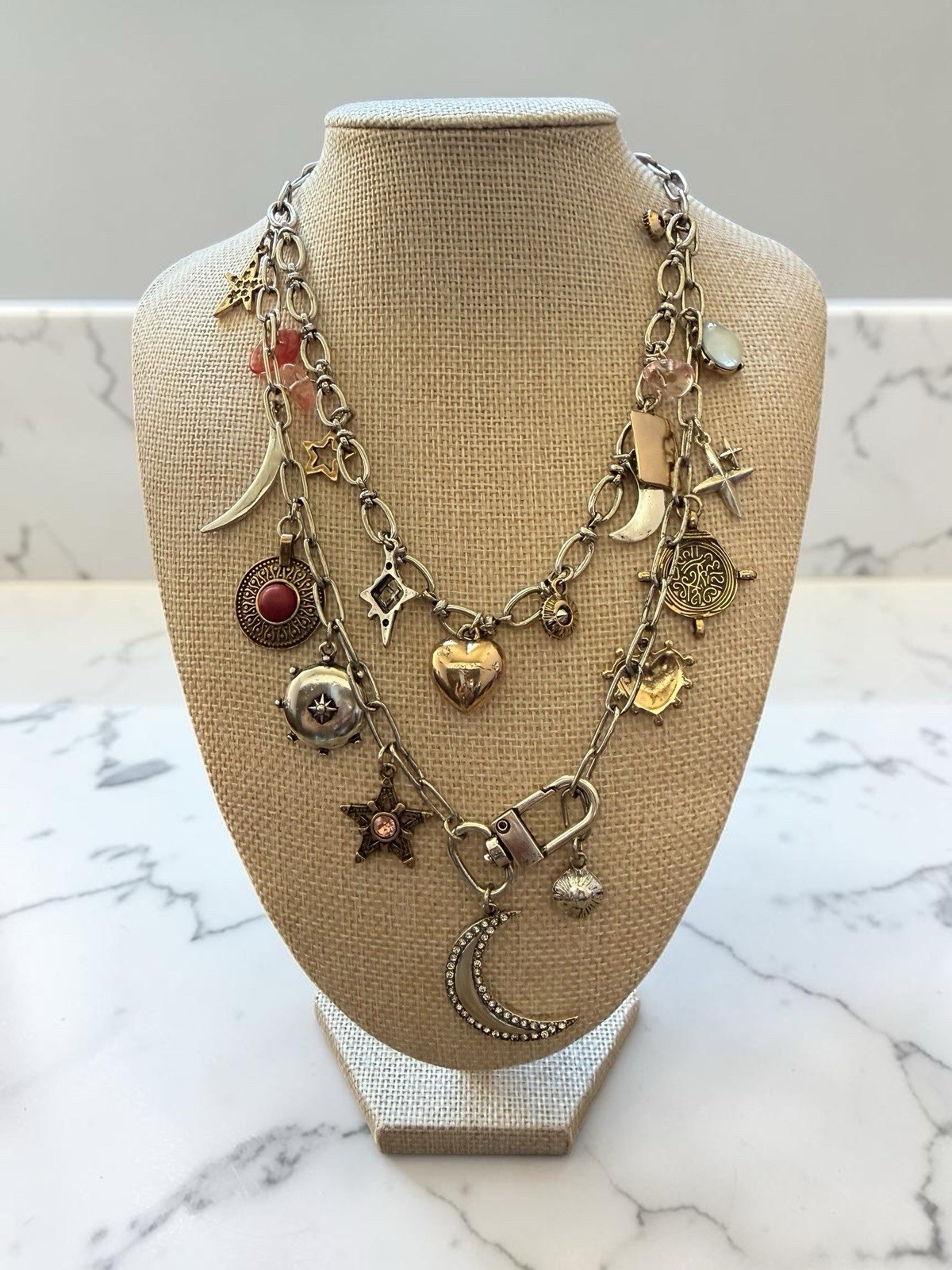 Free People Maxamillion Charm Necklace Gold Mixed Metal Hearts Lock Boho NWT
