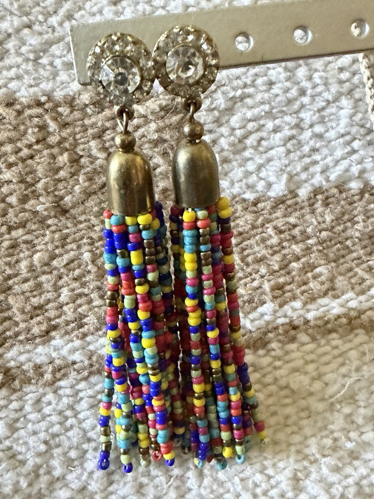 Beaded Tassle Crystal Rhinestone Rainbow Earrings Boho