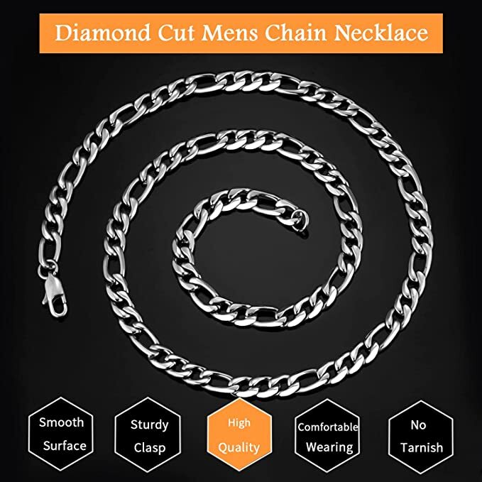 🔥🔥18K Gold Plated Figaro Chain, Silver Color Chain | 316L SS, 20in, 7.0mm🔥🔥