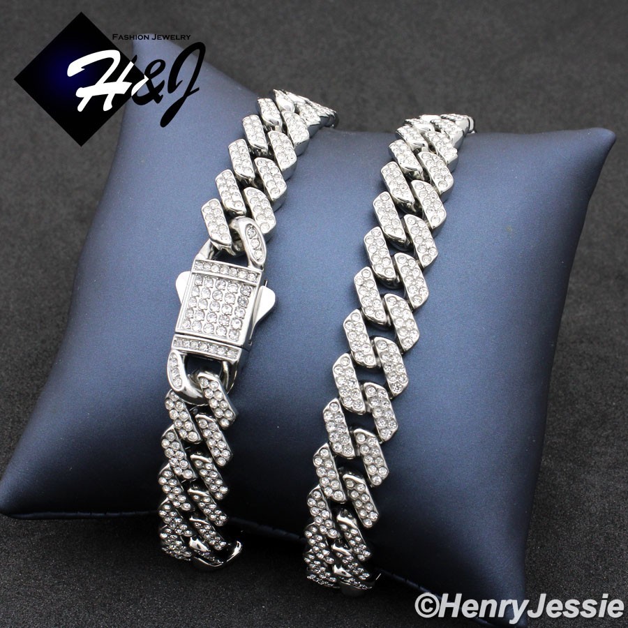 16″-40″MEN Stainless Steel Full Bling CZ 10/12mm Miami Cuban Curb Necklace*N171