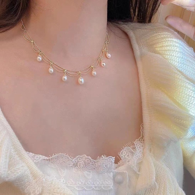 Vintage Lace Pearl Tassel Choker, 14K Gold Filled Natural Freshwater Necklace