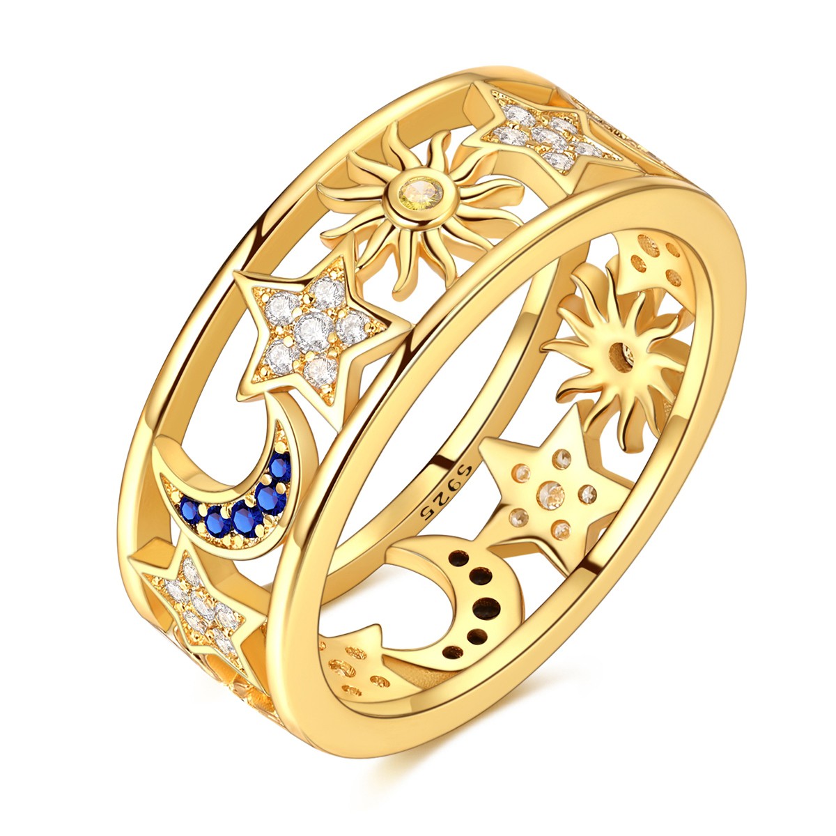 LAZA 925 Sterling Silver Sun Moon Star Hollow Finger Ring Blue CZ Women Jewelry