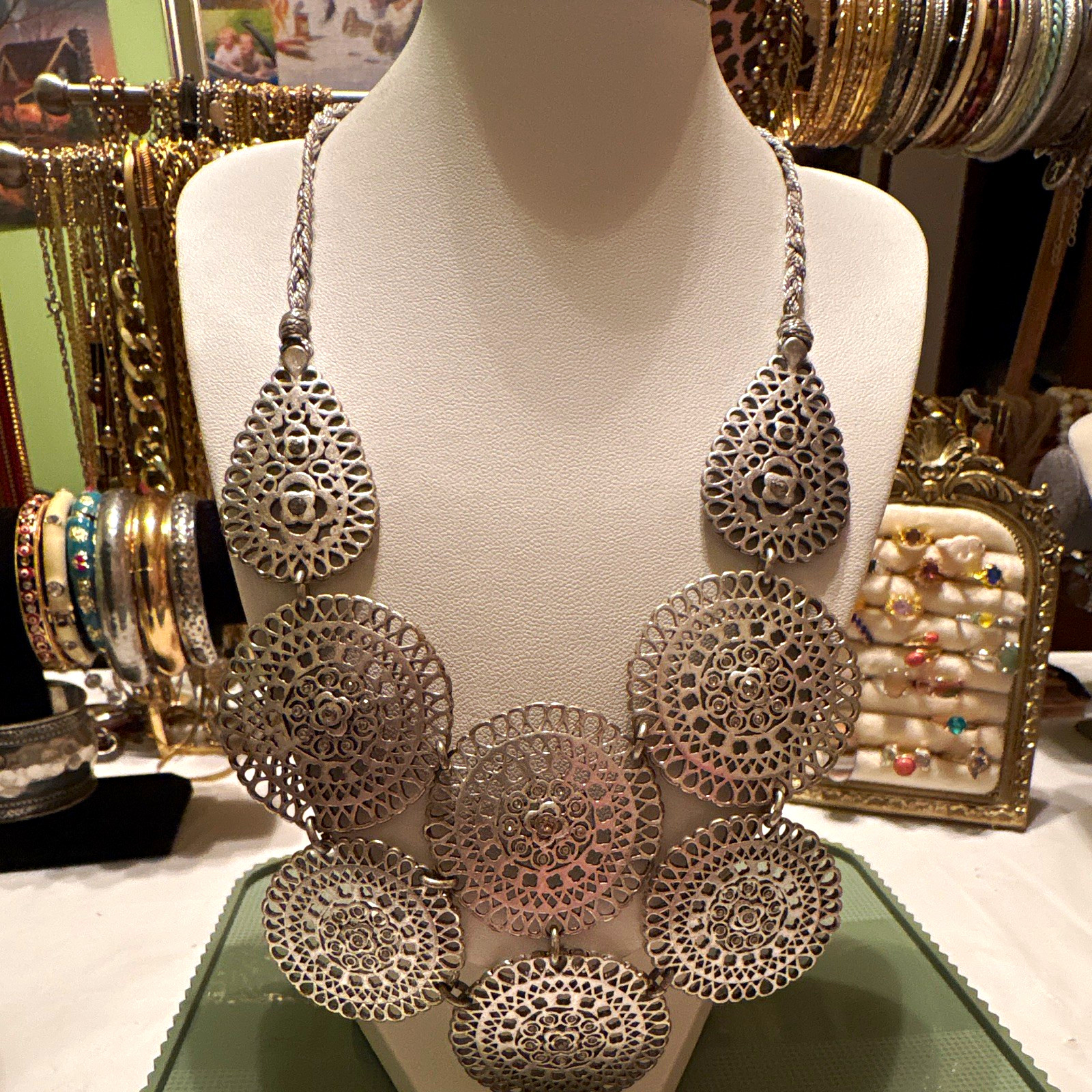 Silver-Tone Filigree Round Disc Bib Statement Necklace Braided Chain Lobster