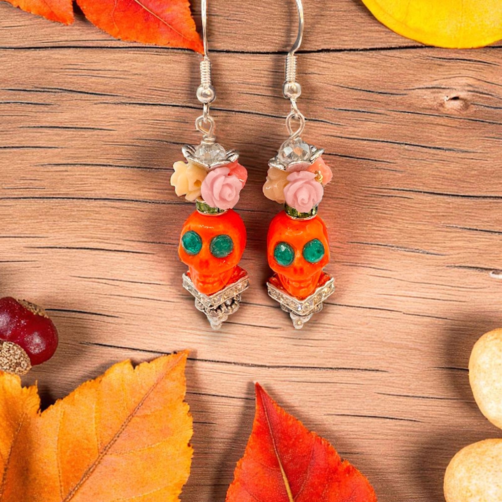 Orange Skull Dia de Muertos/Day of the Dead Dangle Earrings Halloween Fashion
