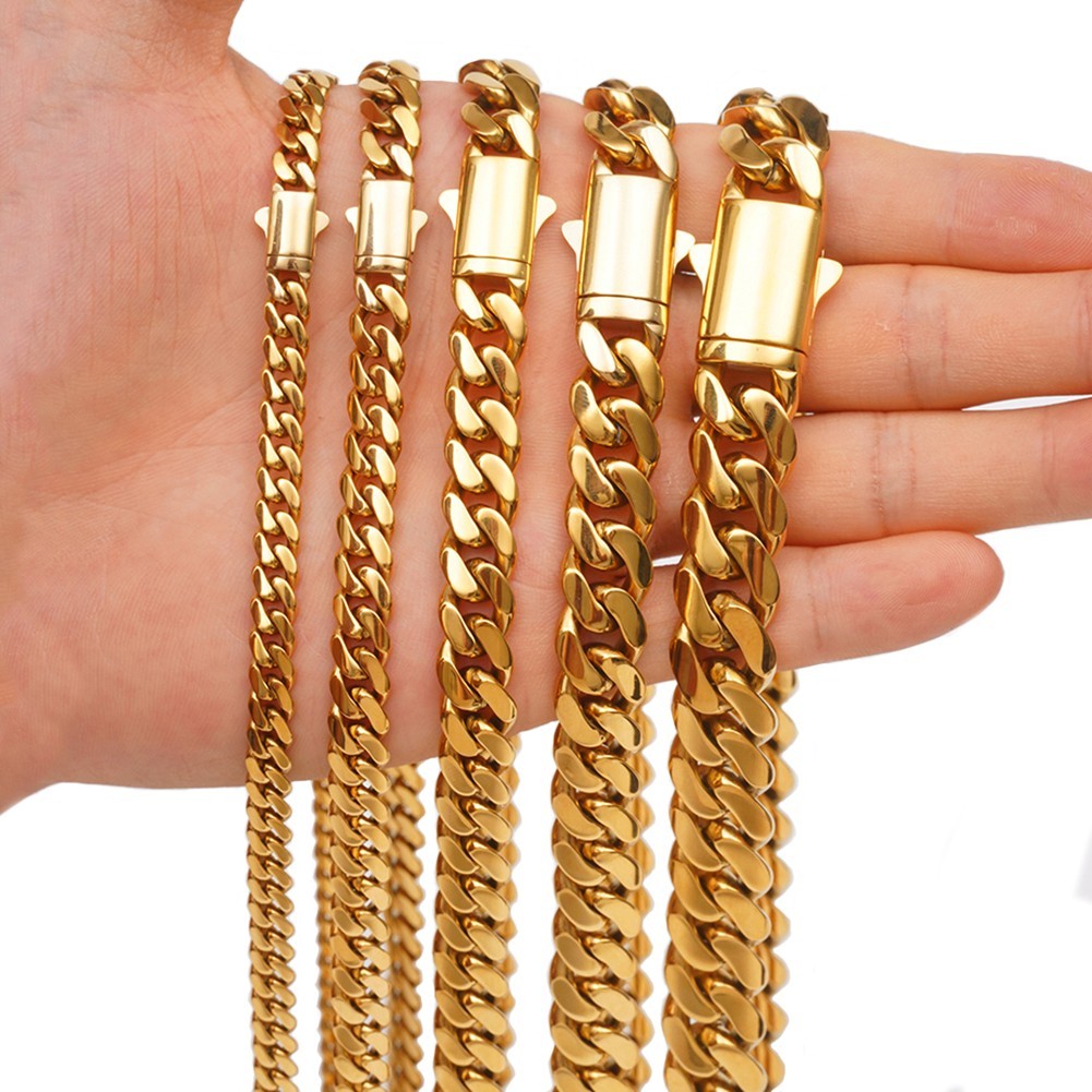 Hip Hop Men 6-14mm Gold Stainless Steel Miami Cuban Link Chain Necklace 16″-40″