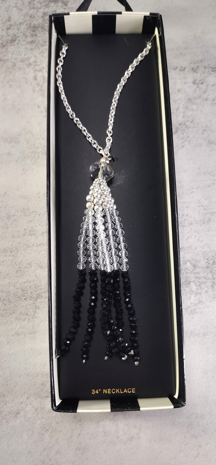 Vintage Y Beaded Necklace Pendant Tassle Faceted Black Clear Silver Tone 34″
