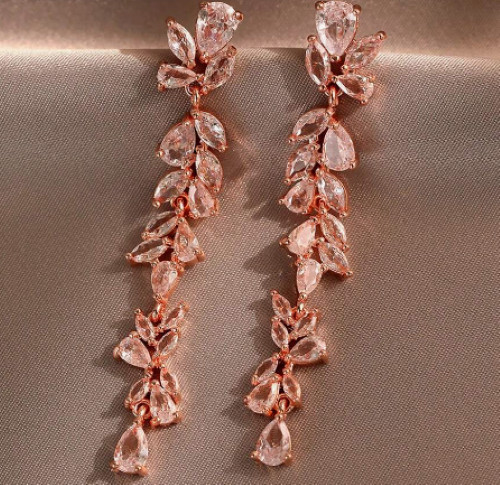 Long Clear Cubic Zirconia Earrings Rose Gold Drop Dangle Wedding Prom Pageant