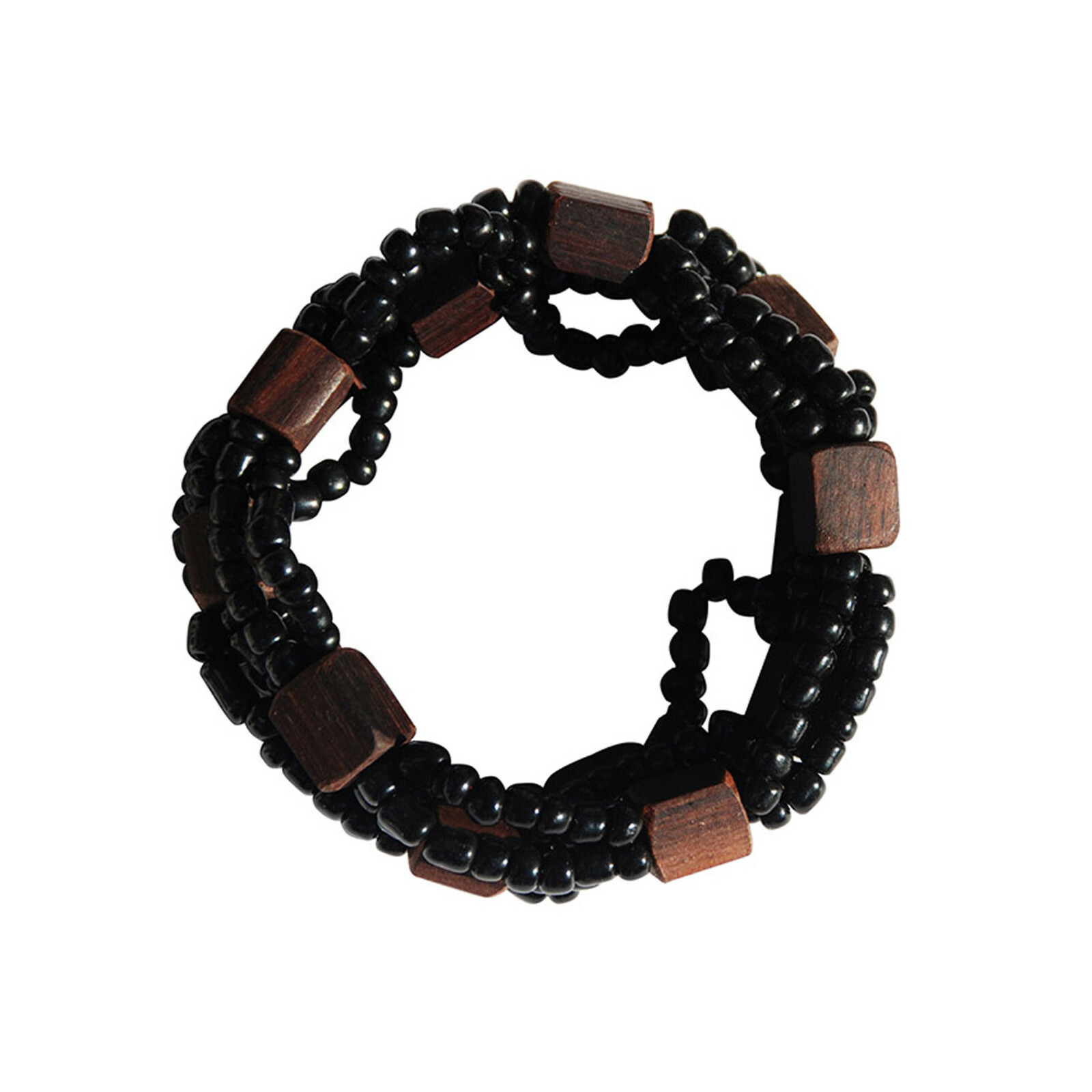 Beautiful Black 10-Strand Elastic Glass Beaded Bracelet With Dark Hard Wood Bead