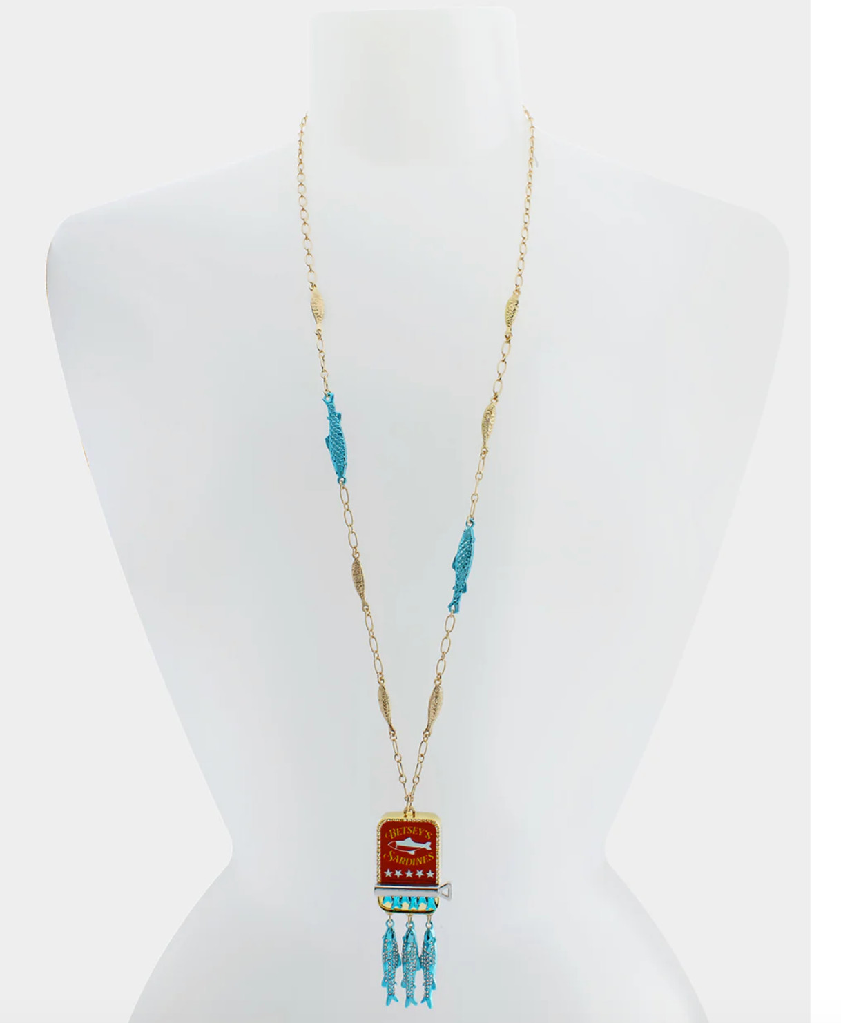 Betsey Johnson Gold Tone & Blue Betsey’s Sardine Tin Pendant Long Necklace NWT