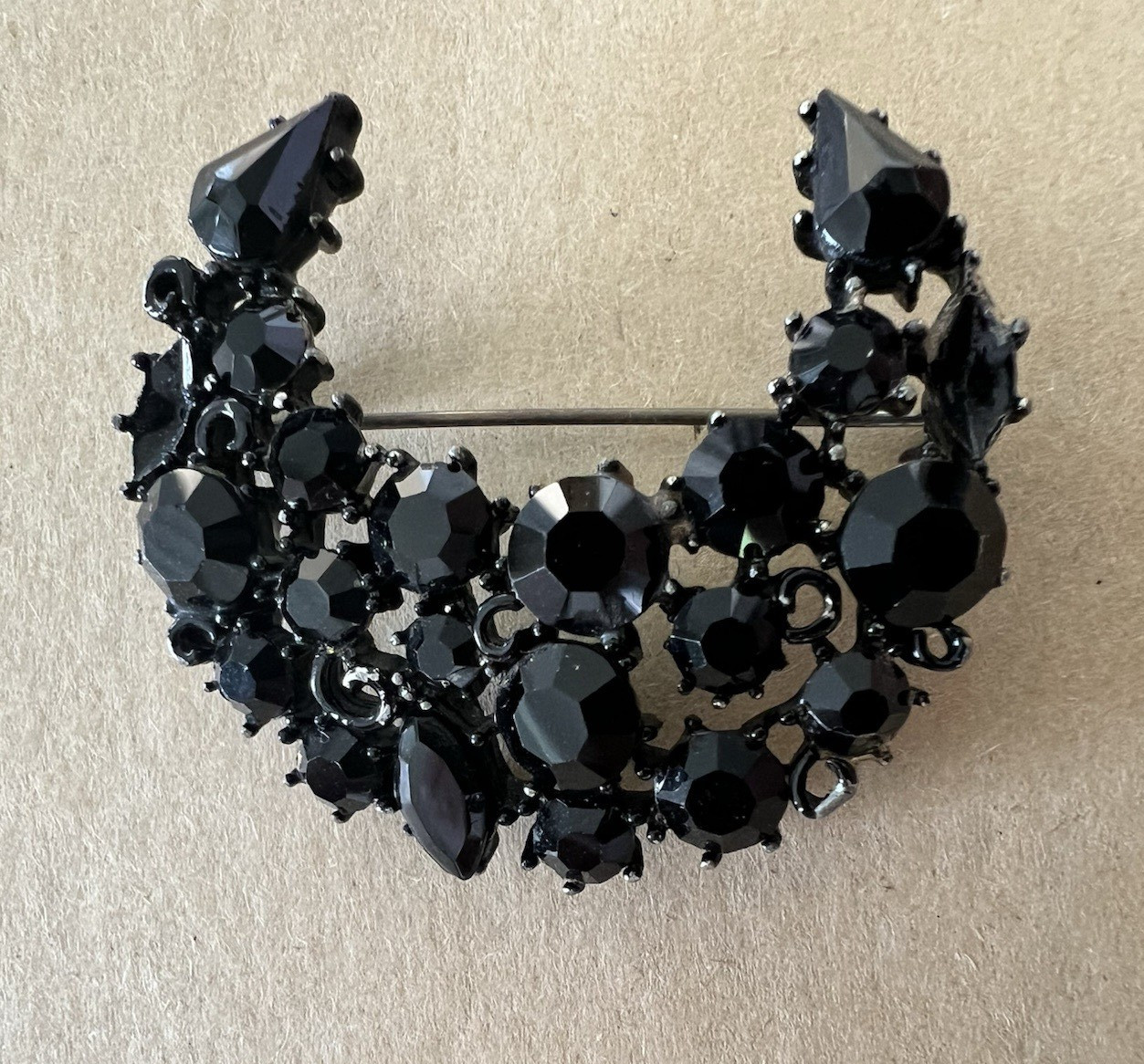 Vintage Black Crystal Crescent Moon Brooch Pin Cluster Setting Signed